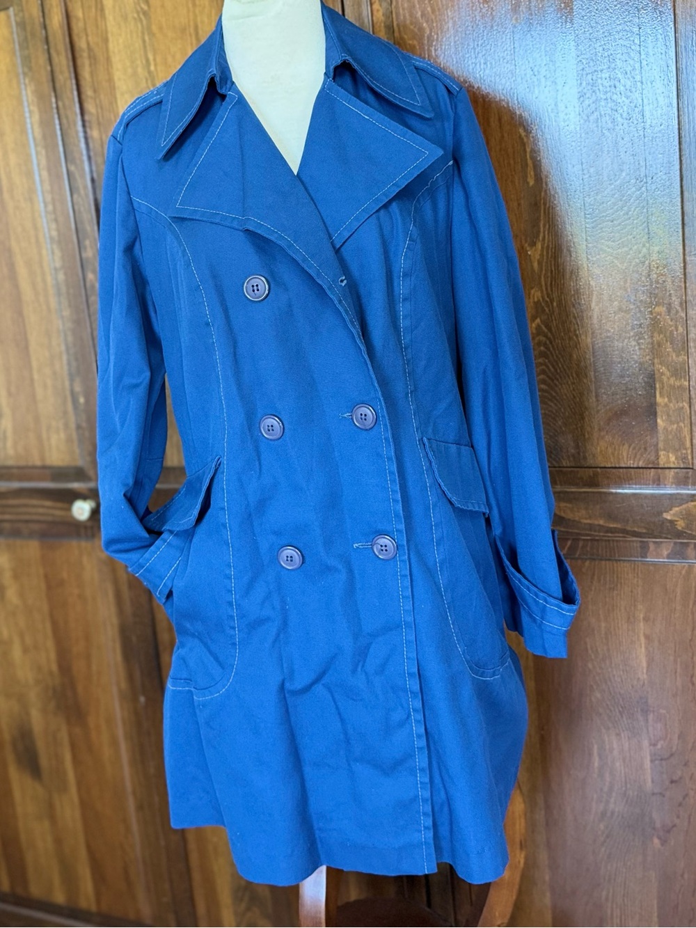 VTG 70s Dark Academia JCPenney Blue Trench Coat Contrast Stitch Utility Mod L